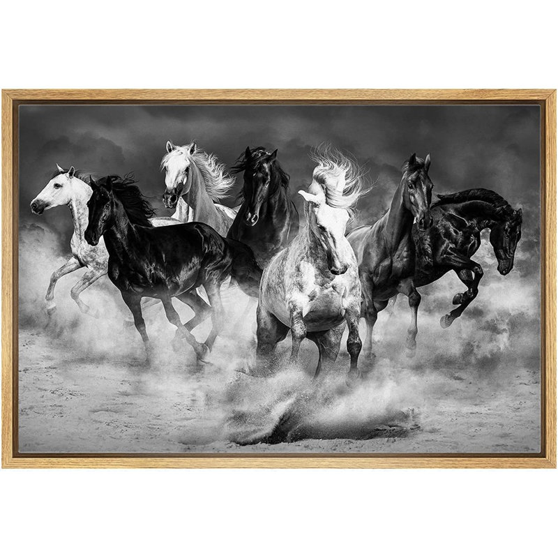 Courir, chevaux, photographie en noir et blanc, reproduction d'art sur toile encadrée, H 36 po x l 24 po, Encadrement brun