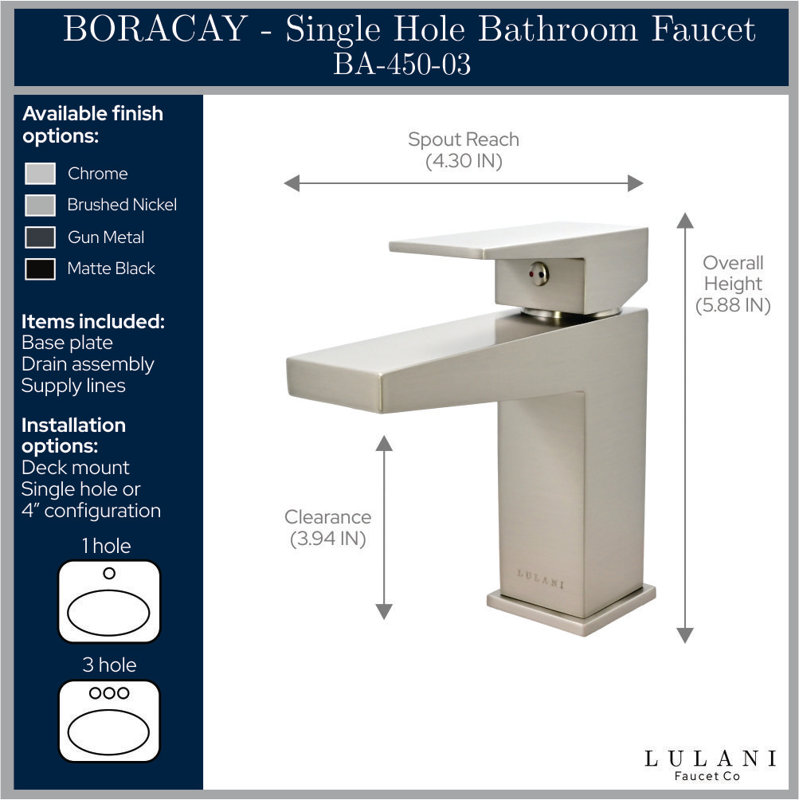 Lulani Boracay Single Hole Bathroom Faucet with Drain Assembly, Brushed Nickel