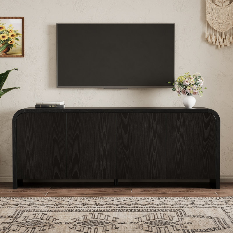 Meuble télé 65,7 po à bord incurvé avec 2 armoires et tablettes réglables, télé 70 po, Noir
