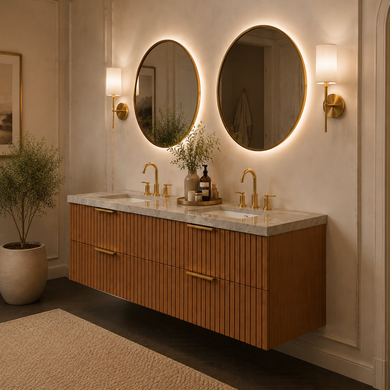 Meuble-lavabo double 60 po, comptoir en pierre frittée, 4 tiroirs à fermeture en douceur, finition grain de bois de chêne brun, pré-assemblé