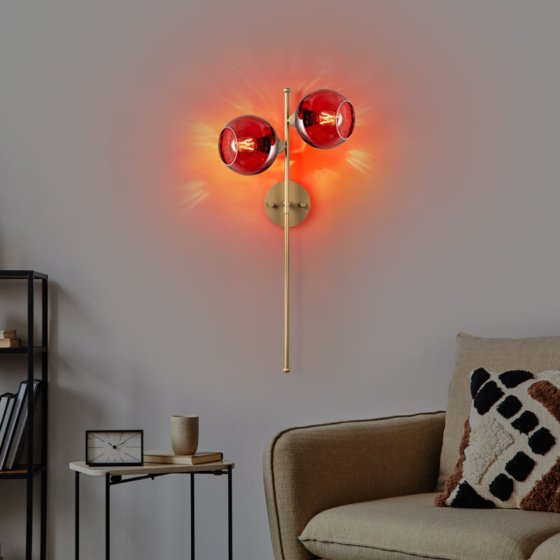 Elegant Wall Lamp with Metal Body & Glass Cap, Red and Gold Finish, 13.8 x 9.8 x 28.3 inches | Socket Type: 2 x E27 Max 40W, IP20 Rated | Perfect for Living Room, Bedroom, or Office Decor, Stylish Lighting Solution