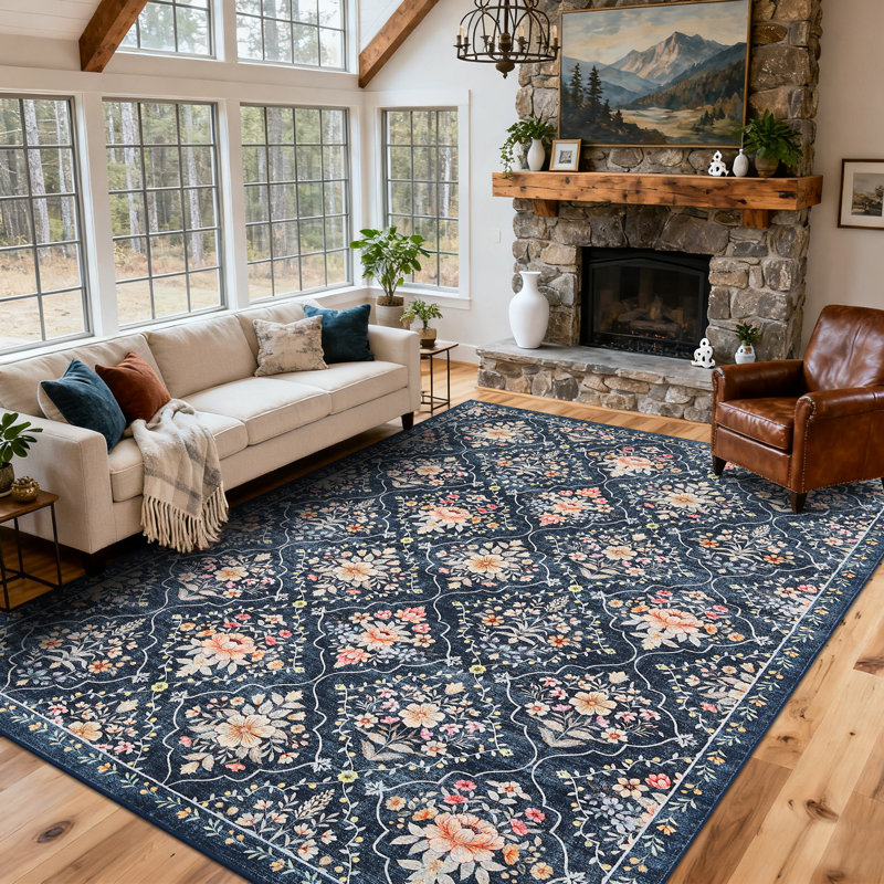 Area Rugs Boho Floral  Area Rug - Washable Non-Slip Faux Wool Carpet - Ideal for Bedroom Living Room Kitchen Office Entryway Bathroom