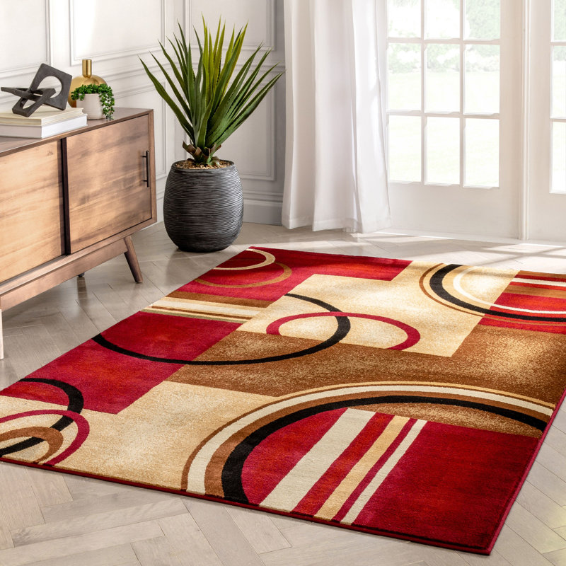 Tapis rouge moderne à motif d'arcs et de formes Carlei, Rectangle 3 pi 11 po x 5 pi 3 po