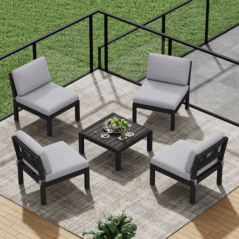Ensemble de conversation modulaire de patio pour 4 personnes avec coussins, ensemble de conversation 5 pièces imperméable toutes saisons pour l'extérieur, noir