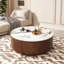 Table basse ronde avec plateau en pierre frittée et 2 tiroirs, finition noyer et blanc pur, centre de salon de 35,4 pouces