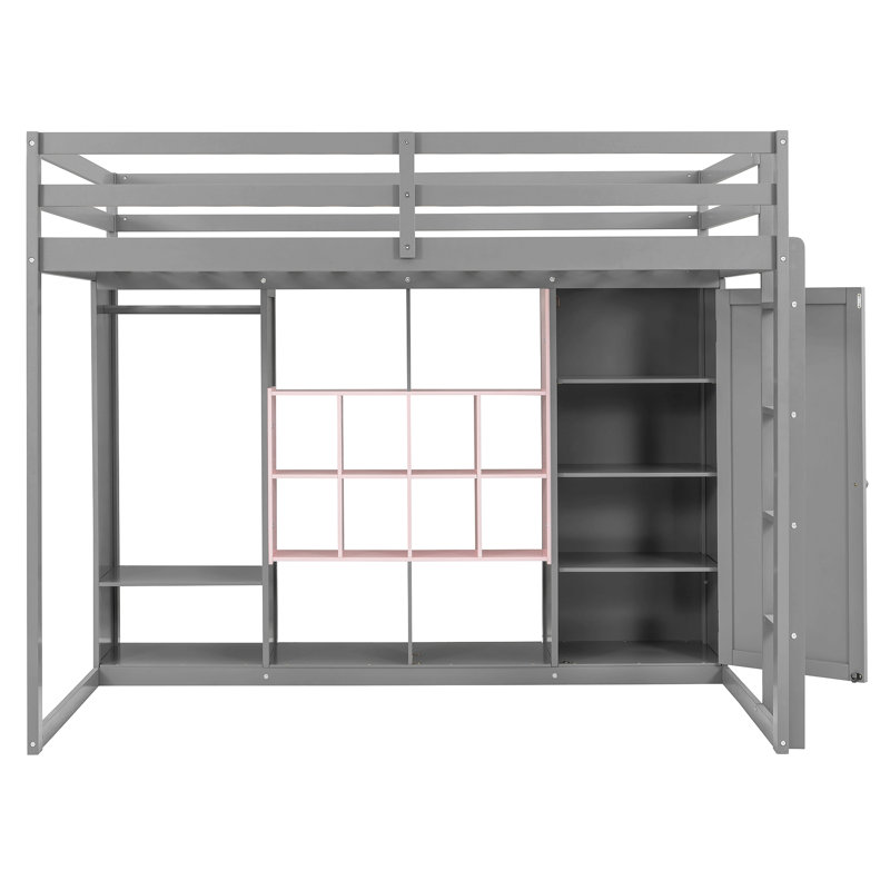 Lit mezzanine en bois avec garde-robe, tablettes et armoire, Lit double, Rose / Gris