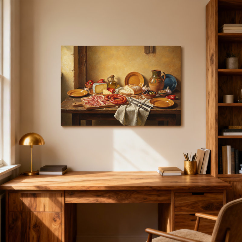 Mode nature morte avec de la nourriture et de la vaisselle, H 12 po x l 18 po