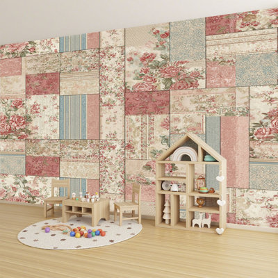 Vintage Peel and Stick Wallpaper Vintage Floral Patchwork Roses Wall Murals 69"H x 96"W Removable PVC Wall Paper Self-Adhesive Wall Decor for Bedroom Living Room Home Office