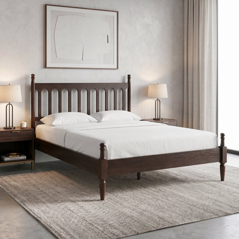 Wichita Queen Size Bed Frame with Headboard & Footboard, Solid Wood Platform Bed, 12 Strong Slatted with Metal Legs, Anti-Noise & Slip-Free, Dark Roast Oak Finish