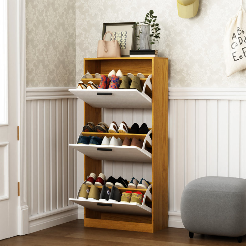 Armoire de rangement pour chaussures avec 3 tiroirs à panneaux blancs, Naturel / Blanc