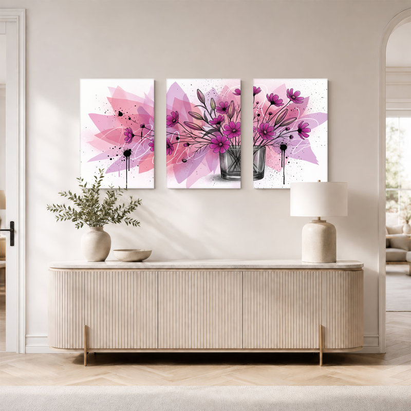 Fleurs mauves dans un vase en verre avec gouttes d'encre rose, ensemble de 3 toiles, H 30 po x l 20 po x 3 pièces