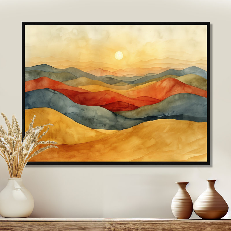 Orange, jaune, montagne abstraite, paysages, montagnes, art mural, Cadre flottant noir, H 24 po x l 32 po