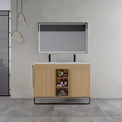 Meuble-lavabo autoportant de 122 cm (48 po) avec lavabo double en résine, 2 portes à fermeture amortie et 3 étagères de rangement ouvertes, emballage démonté, contreplaqué