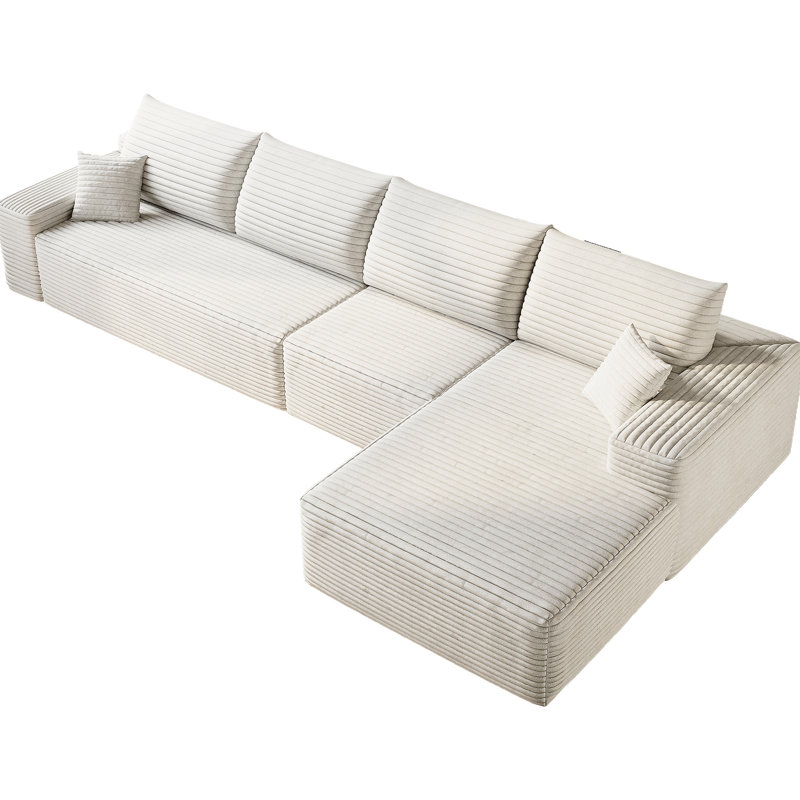 Canapé blanc en forme de L en nuage de velours côtelé de 135 po, canapé modulaire rembourré moderne, 4 sièges, siège profond, sans assemblage pour canapé avec méridienne