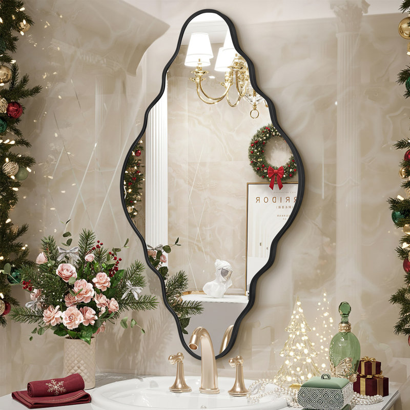 Miroir d'appoint mural irrégulier en métal asymétrique pour salle de bain, 41,7 po x 26 po, Noir