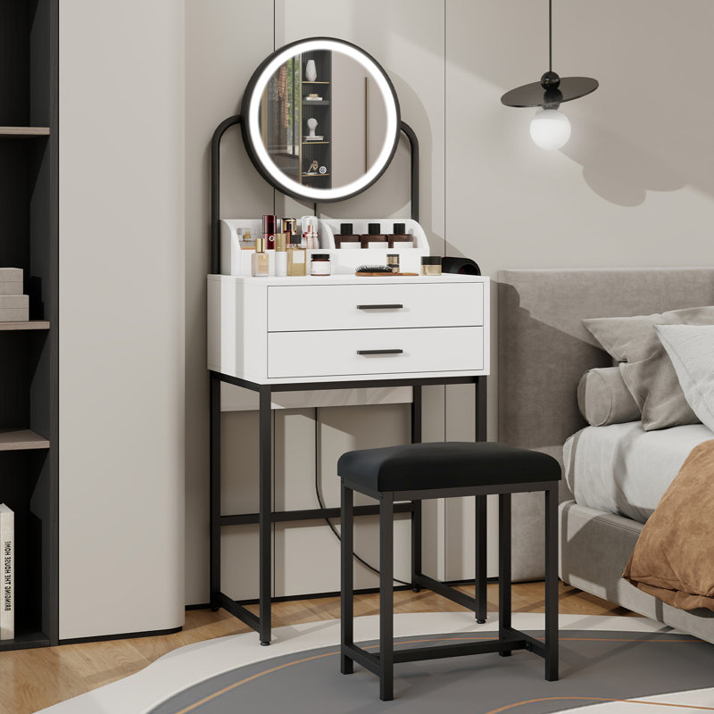Dressing Table with LED Lighted Mirror, Makeup Vanity Desk with Stool and 2 Drawers, 55CM Desktop, Black
