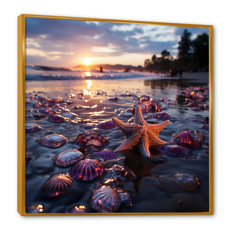 Étoile de mer sur la plage, photo 4 - Art mural plage, Cadre flottant doré, H 36 po x l 36 po x P 1,5 po