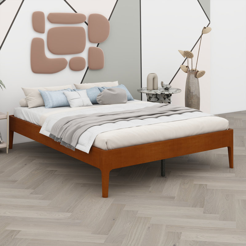 Contemporary Low-Profile Bed Base Featuring Durable Slat Foundation and Tool-Free Setup, Brown