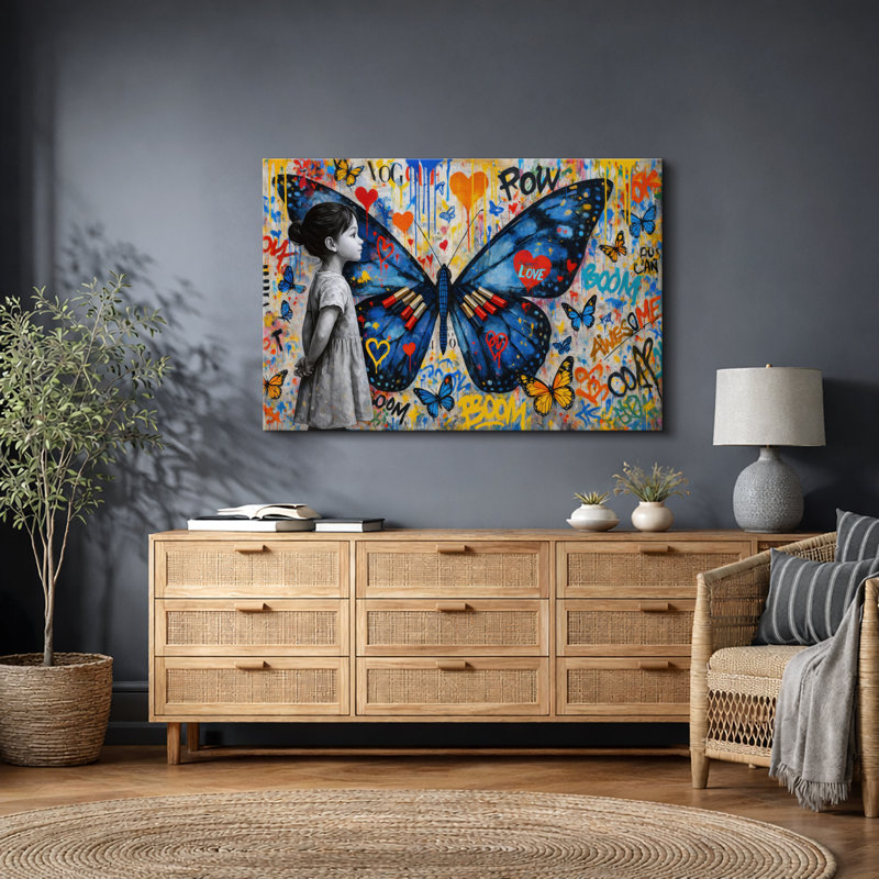 Papillon, graffiti, art urbain, impression sur toile encadrée, Toile tendue, H 12 po x l 18 po x P 1,5 po