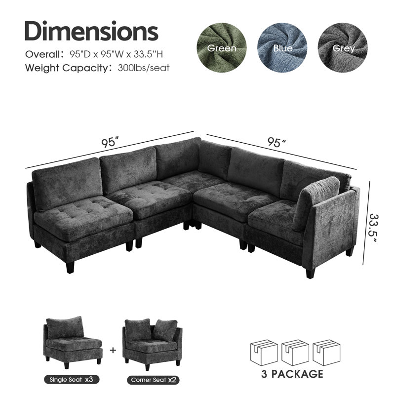 Canapé modulaire en chenille 5 pièces à assise profonde et canapé convertible 5 pièces, H 33,5 po x l 158 po x P 32,3 po