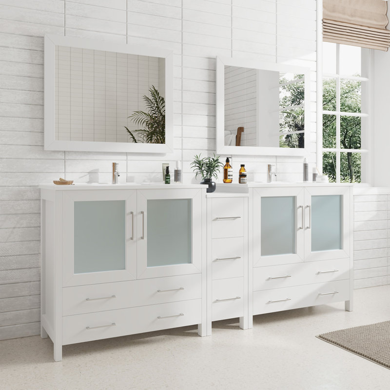 Ensemble de meuble-lavabo autoportant à double cuve 84 po avec plateau en céramique et miroirs assortis Brescia, Blanc