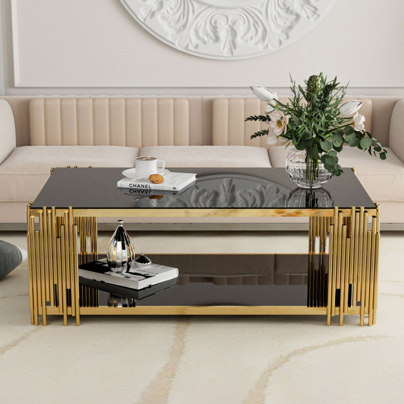 Vaili 51" L x 27.5" W 2-Tier Rectangular Tempered Glass Top Coffee Table for Living Room, Black