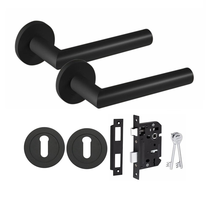  Mitred Design Key Lock Door Handles Set on Round Rose in Matt Black Finish with 64mm 3 Lever Mortise Lock and Key Hole