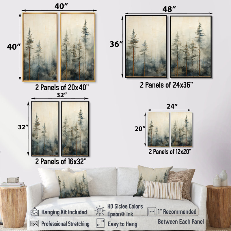 Minimalisme, forêt de pins d'hiver - grande forêt, art mural 2 panneaux, Impression encadrée flottante, H 32 po x l 32 po