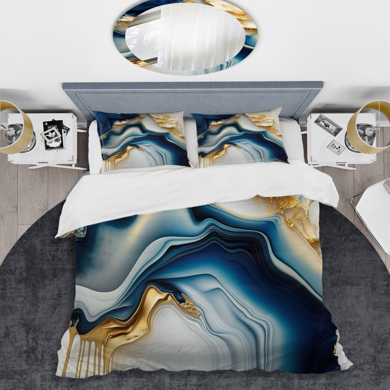 Ensemble de housse de couette abstrait en polyester et microfibre Abstract Geode Gold and Blue Marble II