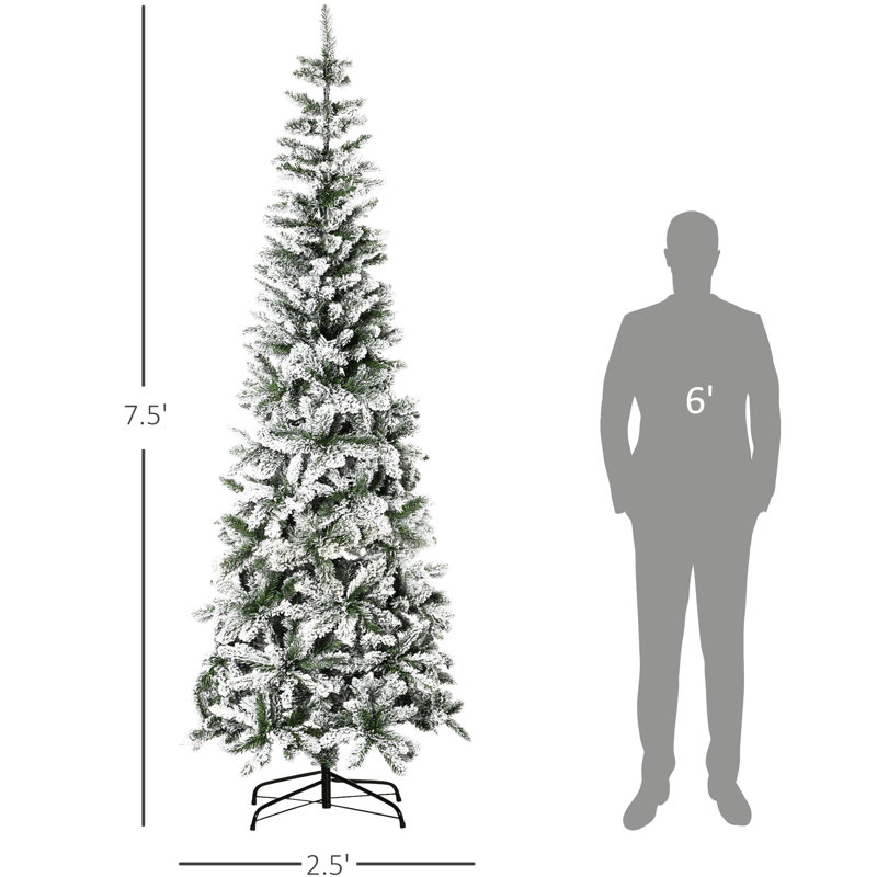 Arbre de Noël enneigé enneigé 7,5 pi, pin mince avec 668 pointes, installation sur base stable, arbre artificiel de 7,5 pi à ouverture automatique, support réaliste, déroulant