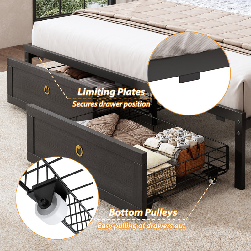 Farmhouse Industrial LED Bed Frame With Storage Headboard, Metal Platform Bed With USB Charging Station, APP & Remote Control RGB Lights，Metal Slats Support, Noise Free, No Box Spring Needed