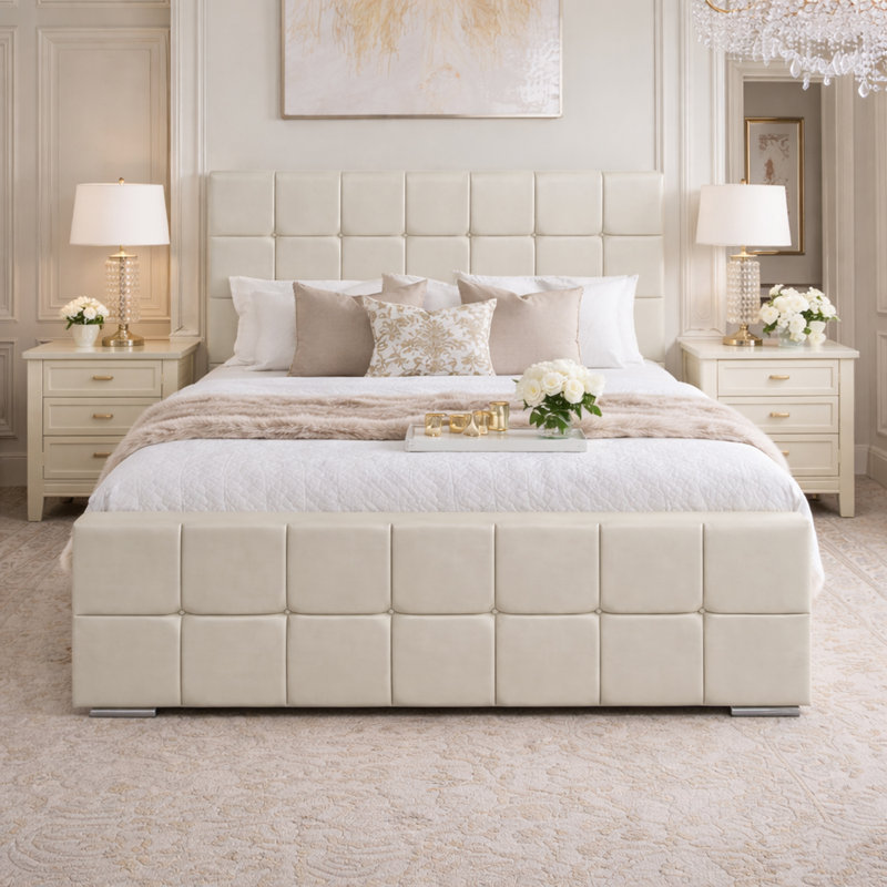 Upholstered Velvet Bed, Super King (6'), Cream