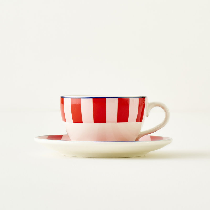 Line Porcelain Tea Cup Set (2 Pieces), Blue/White/Red