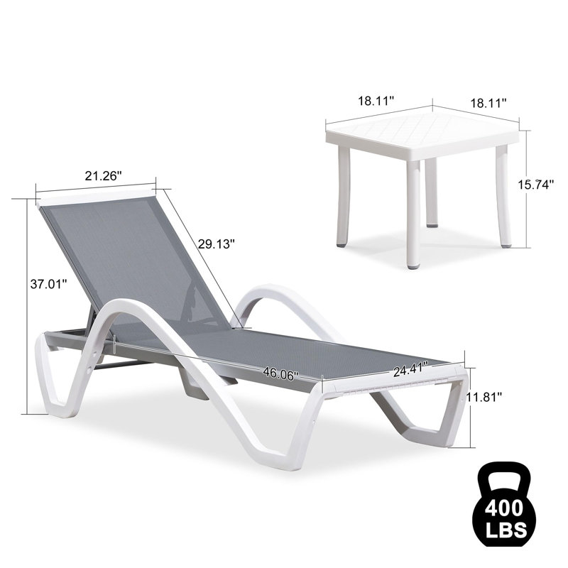 Patio Chaise Lounge Chair Set Includes 2 Outside Aluminum Plastic Stackable Tanning Chairs With Armrests And 1 Side Table