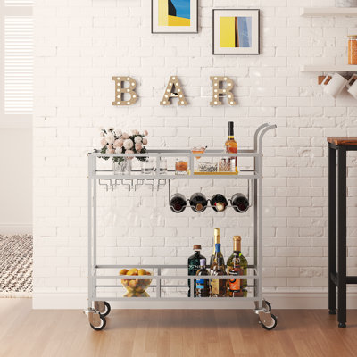 2 Tier Rolling Wine Bar Cart for Home, Small Alcohol Liquor Cart with Mirrored Shelves, Wine Racks & Glass Holder, Compact for Dining Room Living Room by Latitude Run