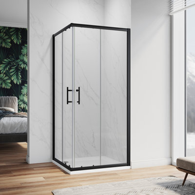 100cm L-Shape Sliding Shower Enclosure, 5mm Clear Tempered Glass, Matte Black Aluminum Frame, Reversible Installation