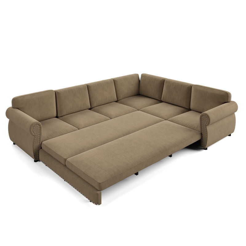 118" Oversize Convertible Sleeper Sofa With Nailhead Trim, Upholstered Sofa Couch With Pull-Out Bed, Camel Chenille