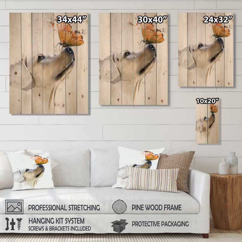Art mural Golden Retriever avec papillon, H 20 po x l 12 po x P 1po