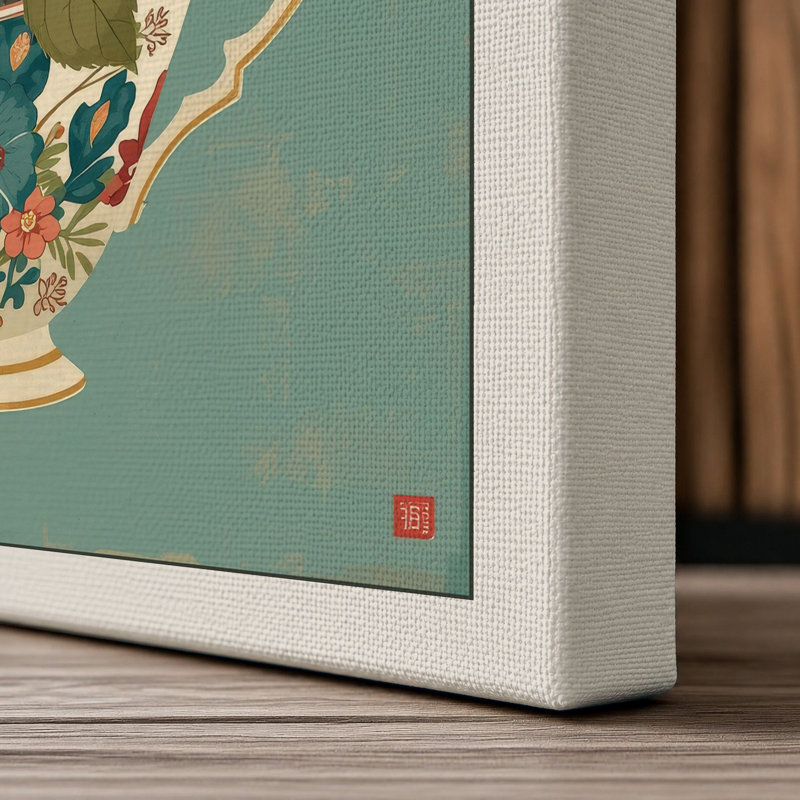 Flowers in Ceramic Teapot Japandi 1 Piece Wrapped Canvas Wall Art, 36x24 - 91.4 x 61.0 cm, Cream Border