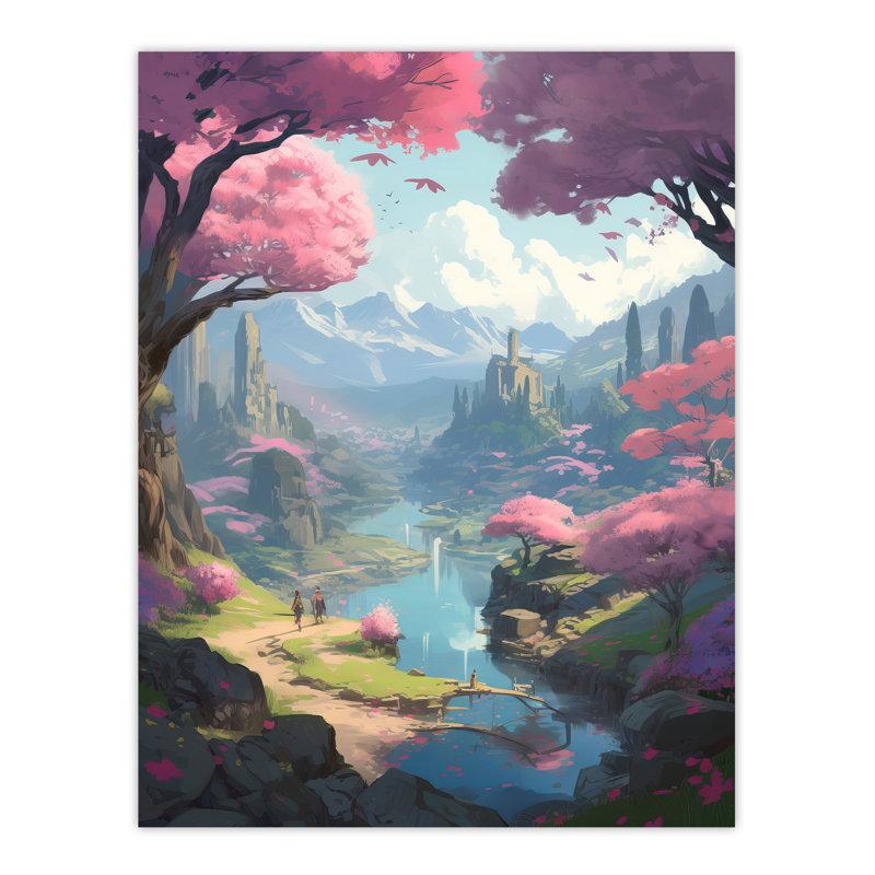 Wall Art Print Cherry Blossoms by River Bright Painting Springtime Blooming Trees in Coastal Fishing Village Landscape Poster