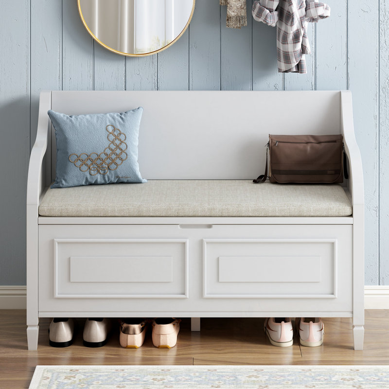 Wood Entryway Multifunctional Storage Bench with Safety Hinge, White