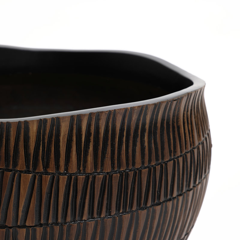 Brown V-Pattern Polyresin Round Planter, 9.6" H x 12" W x 12" D