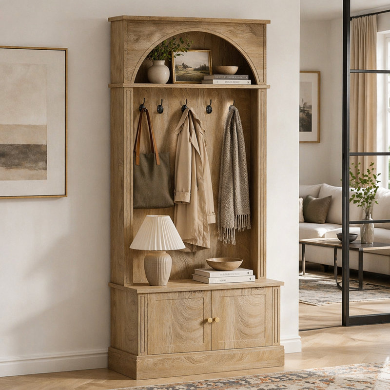 Portemanteau Arbor avec banc et rangement pour chaussures, portemanteau 4 en 1 avec armoire