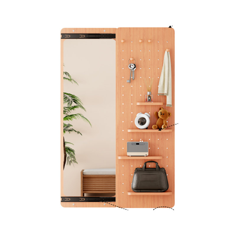 Full-Length Mirror With Storage Shelf And Hooks Multi-Functional Wall-Mounted Mirror With Panel Design Suitable For Bedrooms/Living Rooms/Entryways Cherry Wood Finish