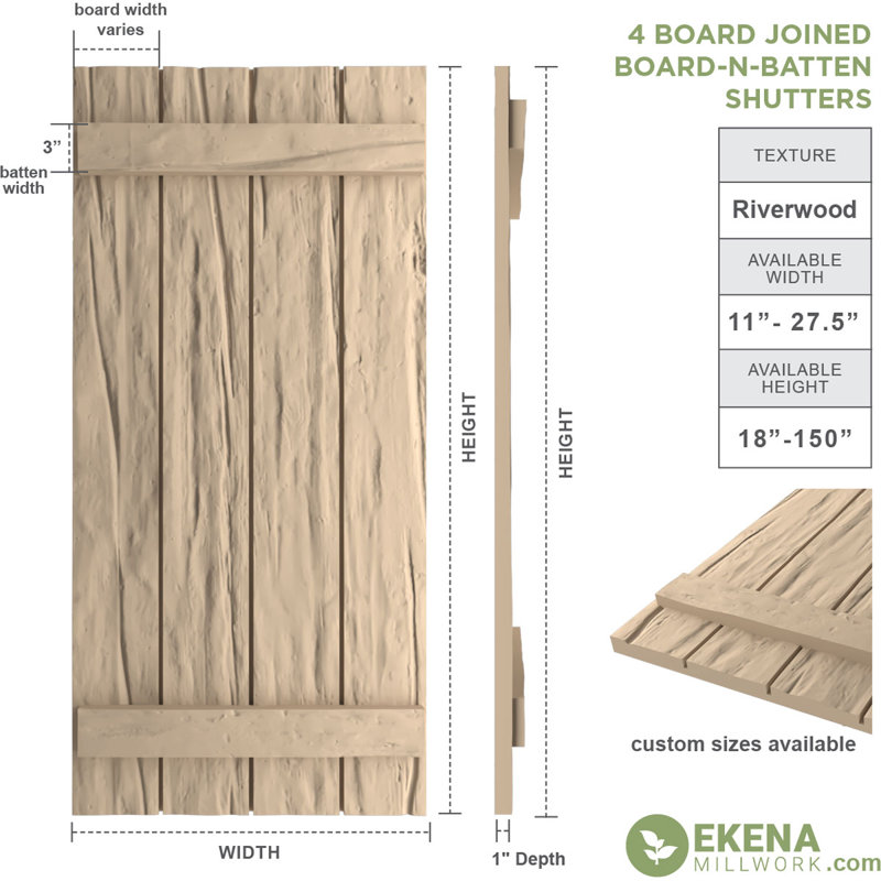Rustic Four Board Joined Board-n-Batten Faux Wood Shutters (Per Pair), Riverwood Texture/Primed Tan, 22", 82''