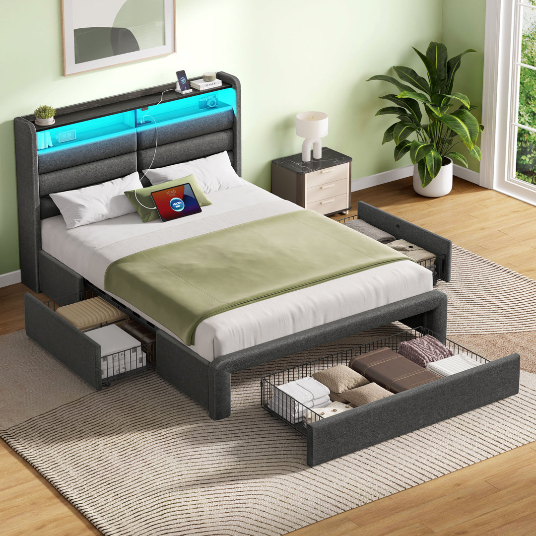 Wenda Bed Frame with 4 Storage Drawers and LED Lights, Upholstered Bed with Headboard and Charging Station Ivy Bronx 
