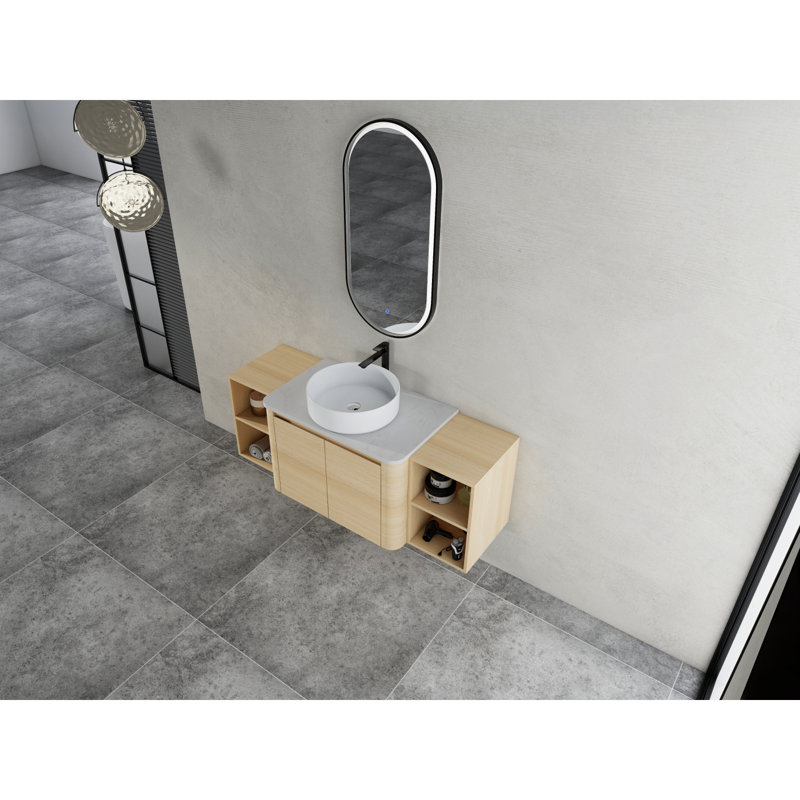 Meuble-lavabo mural 54 po avec lavabo d'art en céramique et 2 tablettes de rangement, 2 portes à fermeture douce, emballage KD, contreplaqué