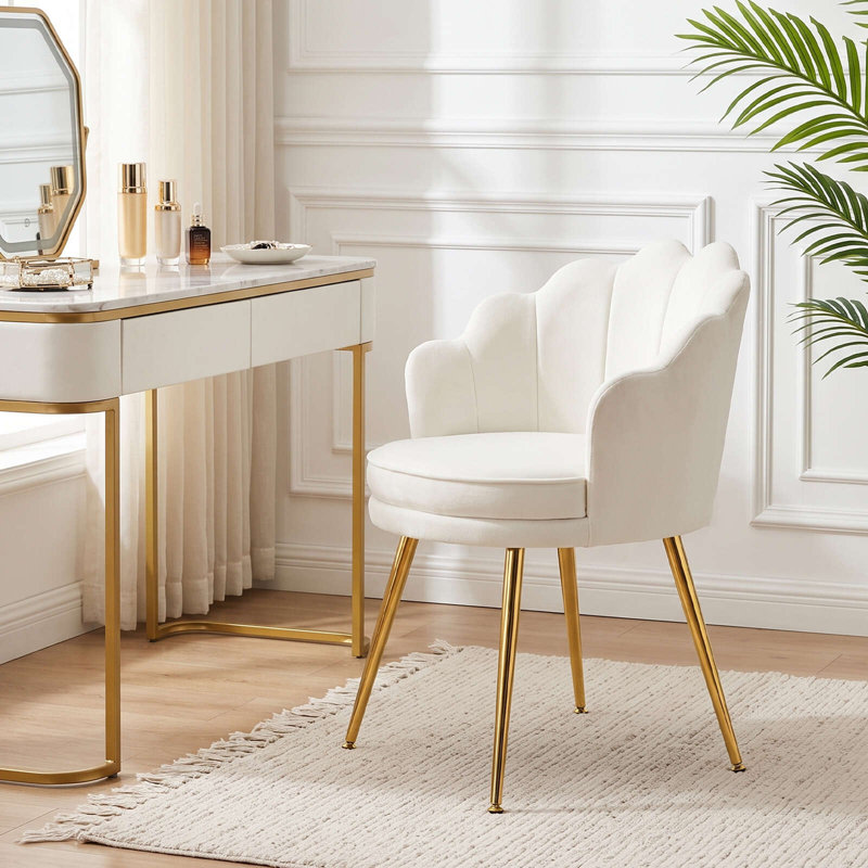 Chaise d'appoint en velours avec pieds dorés, fauteuil coquille moderne, Beige, 1