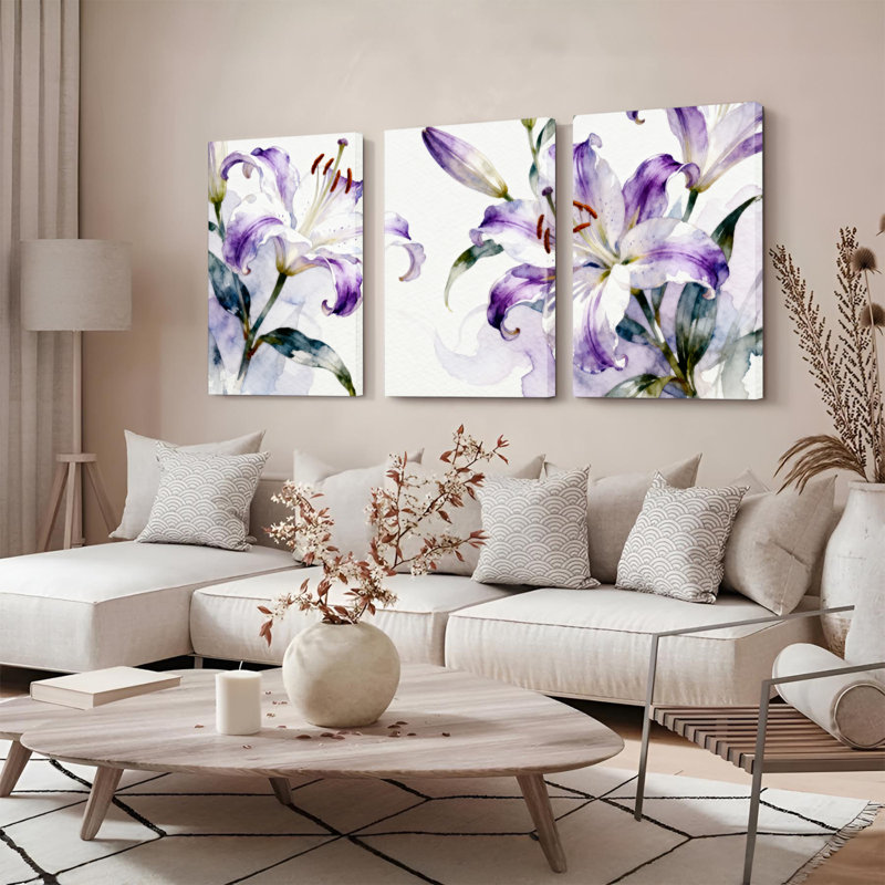 «Mauve mauve», art mural sur toile tendue à l'aquarelle (ensemble de 3), H 30 po x l 60 po