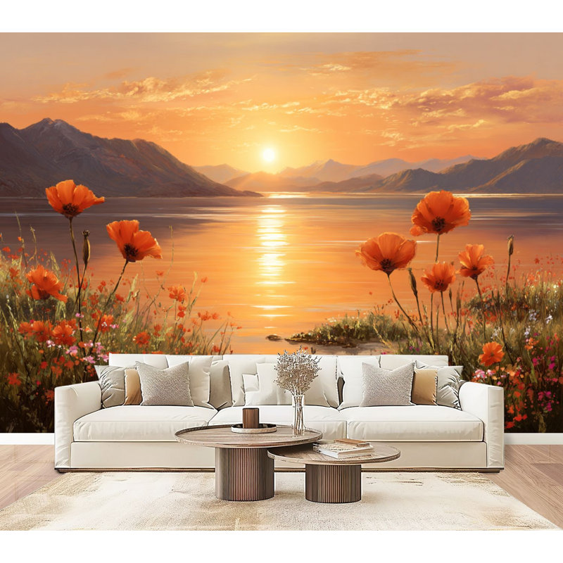 Papier peint adhésif auto-adhésif Sunset Lake Mountain, L 96 po x l 69 po